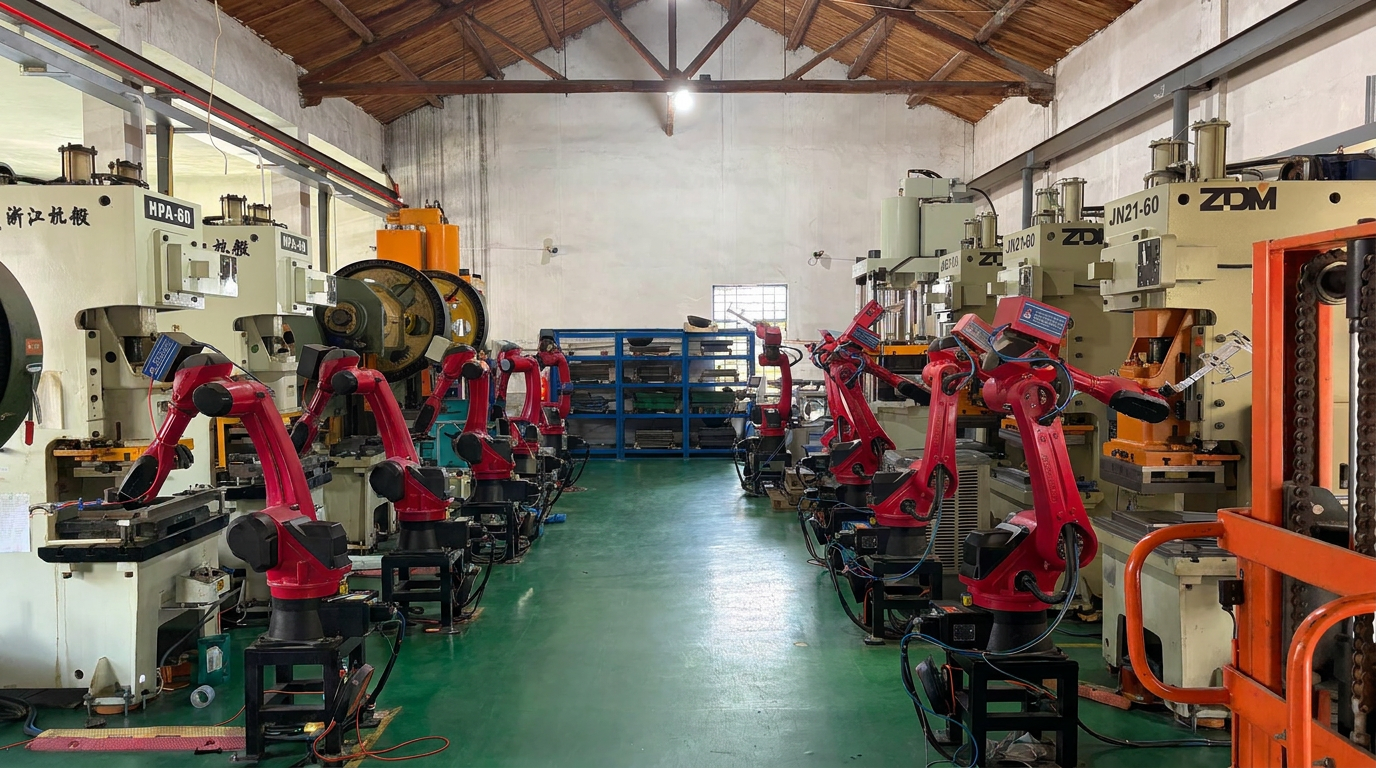 Jinchang stamping workshop with HPA-60 and JN21-60 press machines, robotic arms, and organized production equipment for metal component manufacturing.
